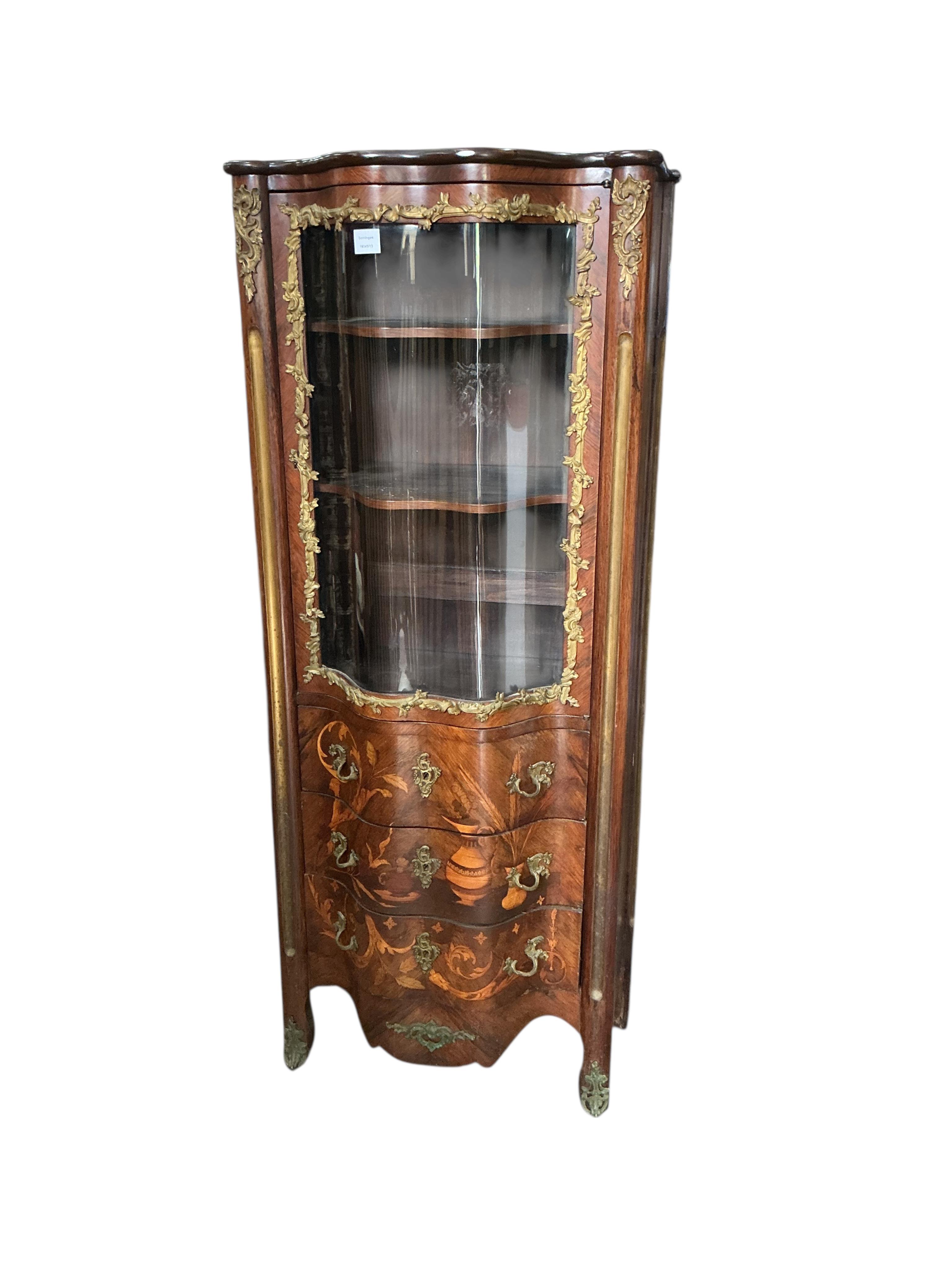An early 20th century French gilt metal mounted marquetry inlaid rosewood vitrine, width 69cm, depth 38cm, height 164cm
